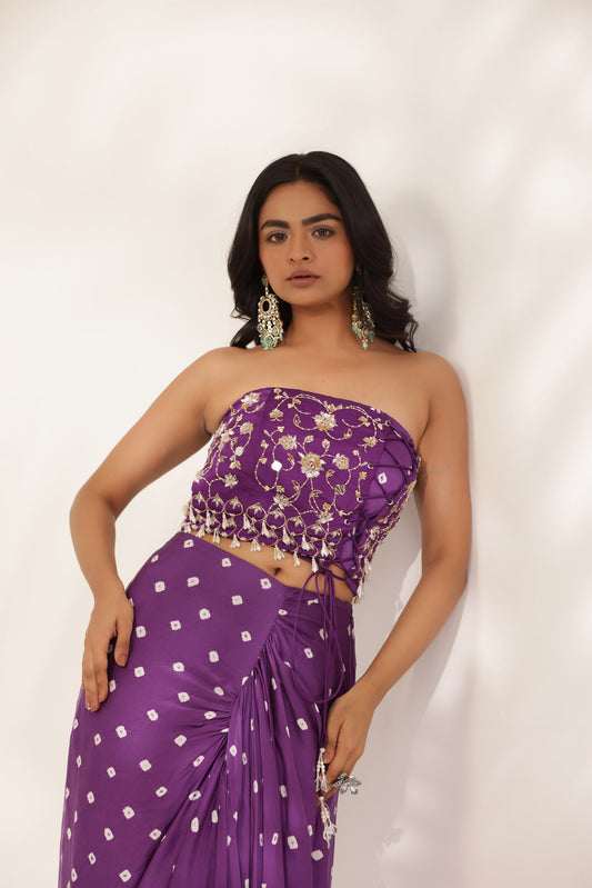 Bandhani Saavali Purple Silk Satin Hand Embroidered Mehendi Skirt