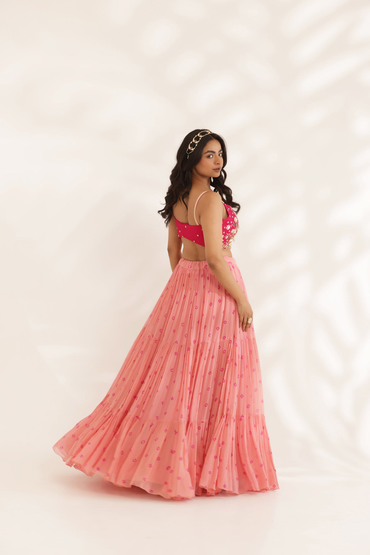 Bandhani Gulmohar Coral Georgette Designer Bridesmaid Lehenga