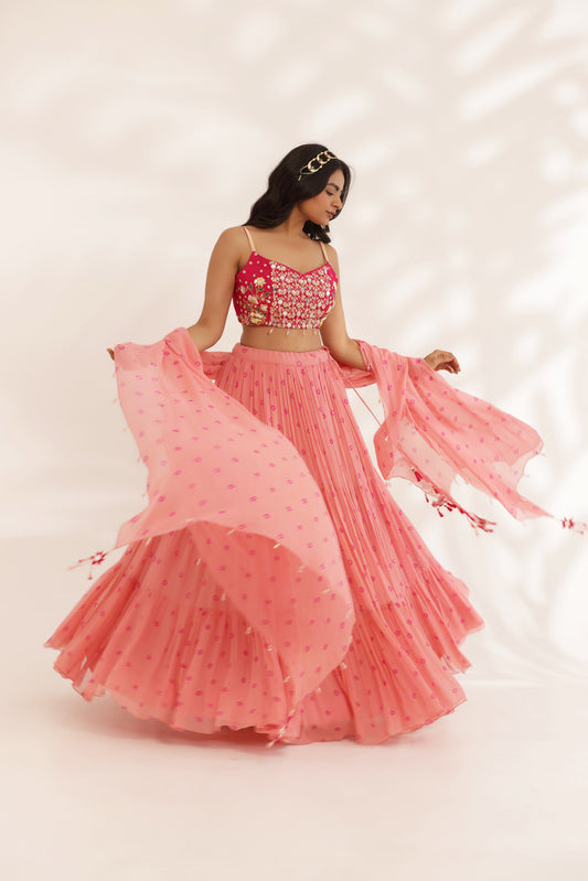 Bandhani Gulmohar Coral Georgette Designer Bridesmaid Lehenga