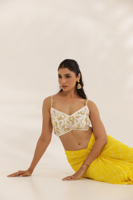 Bandhani Kanira Yellow Georgette Hand Embroidered Haldi Skirt