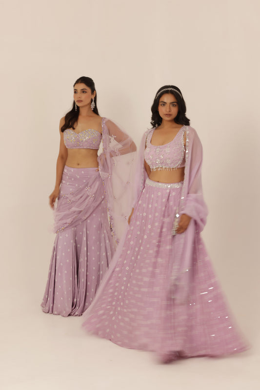 Bandhani Lavender Silk Satin Hand Embroidered Destination wedding Lehenga
