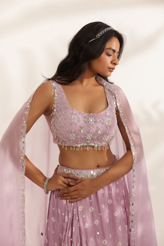 Bandhani Chamkili Lavender Silk Satin Hand Embroidered Designer Destination wedding Lehenga