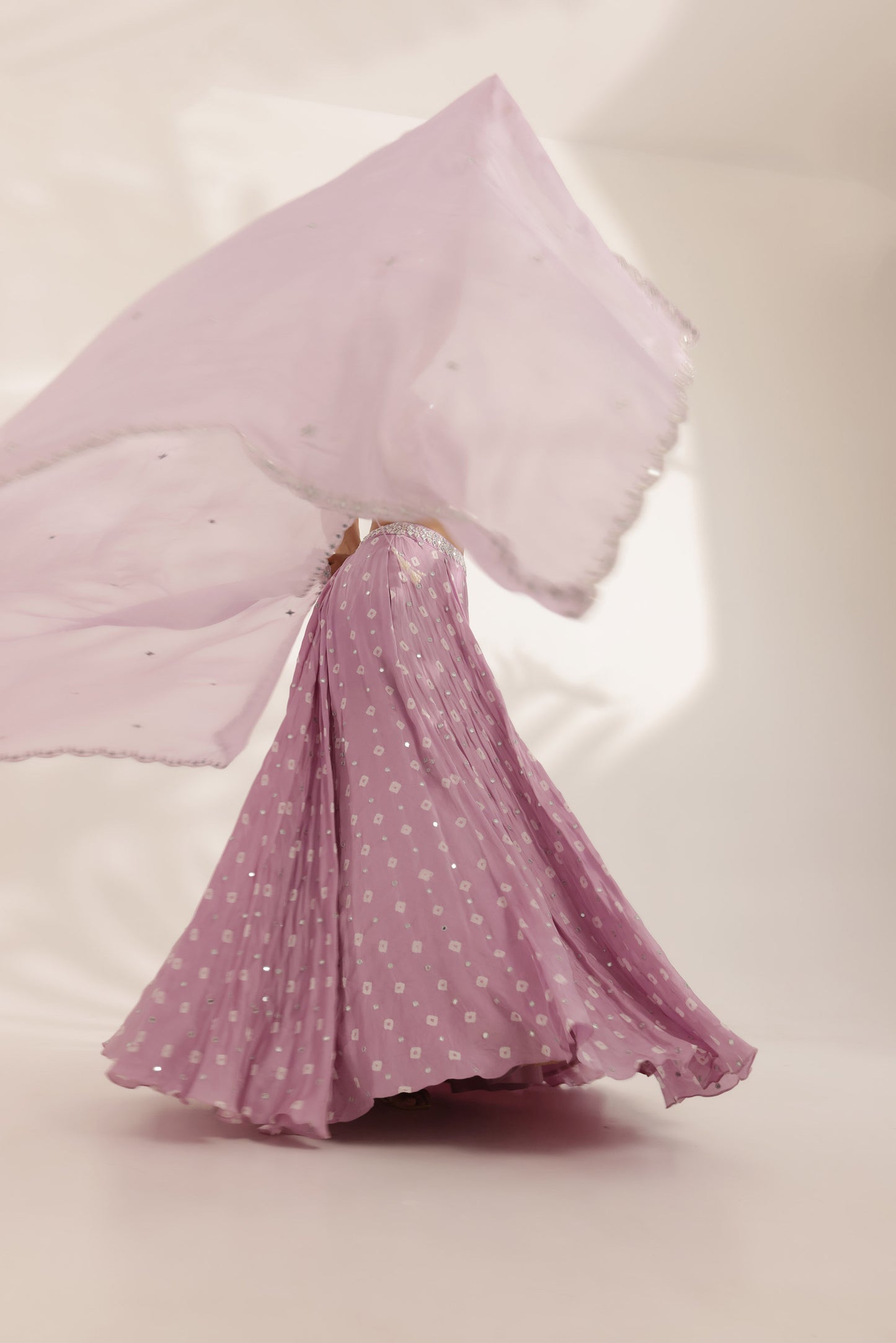 Bandhani Chamkili Lavender Silk Satin Hand Embroidered Designer Destination wedding Lehenga