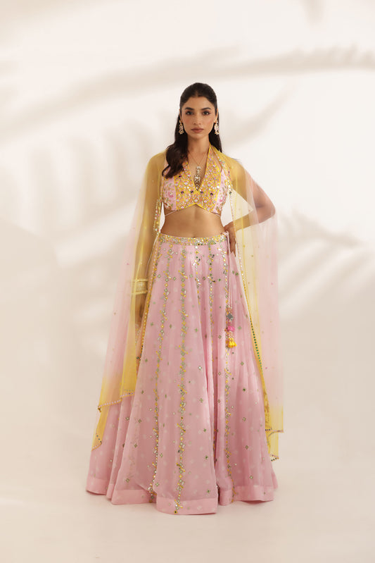 Bandhani Noorani Pink Georgette Hand Embroidered Designer wedding Lehenga
