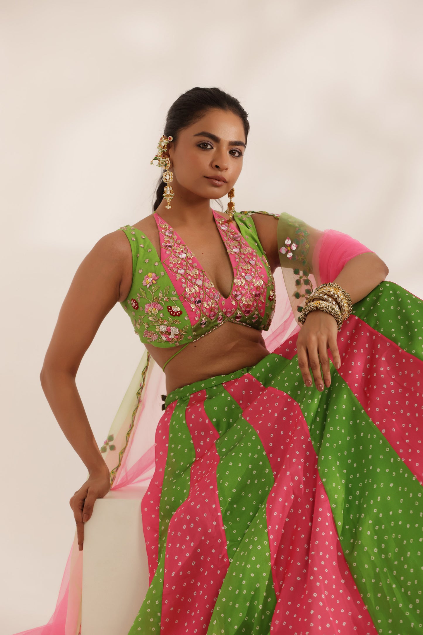 Bandhani Gulabo Lime Green Satin Georgette Kali Designer Mehendi Lehenga