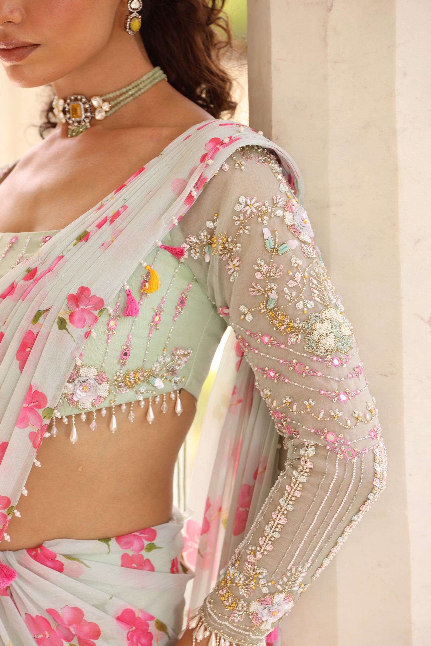 Daisy pre drape Green saree with floral print