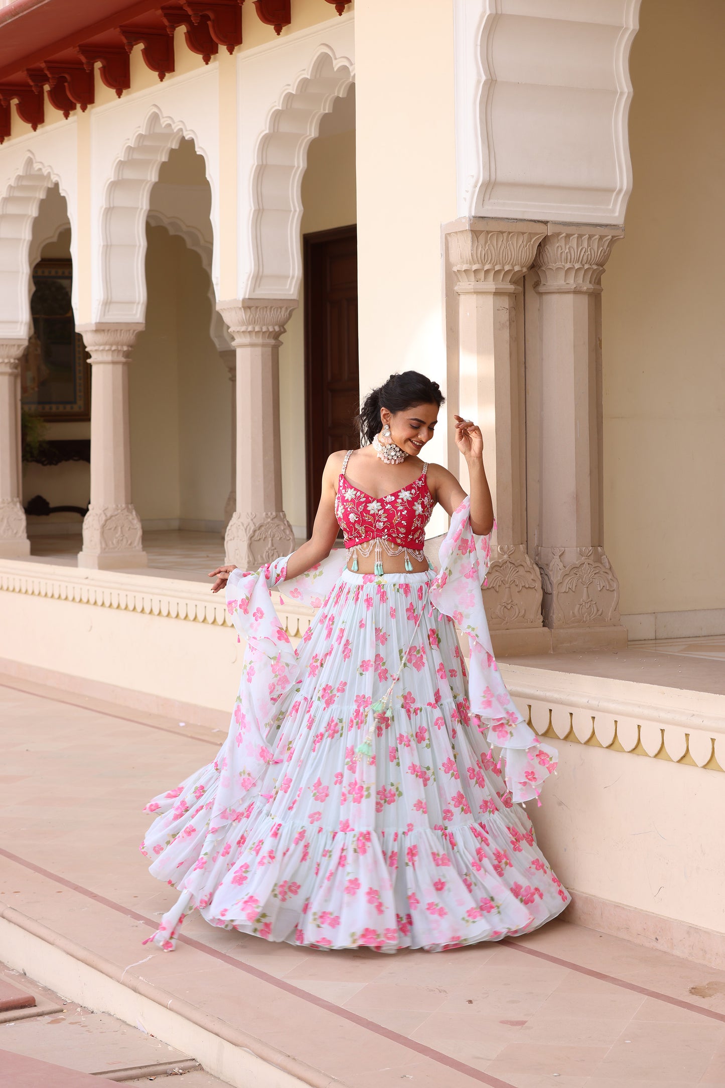 Bloom Floral three tier Green Designer Lehenga