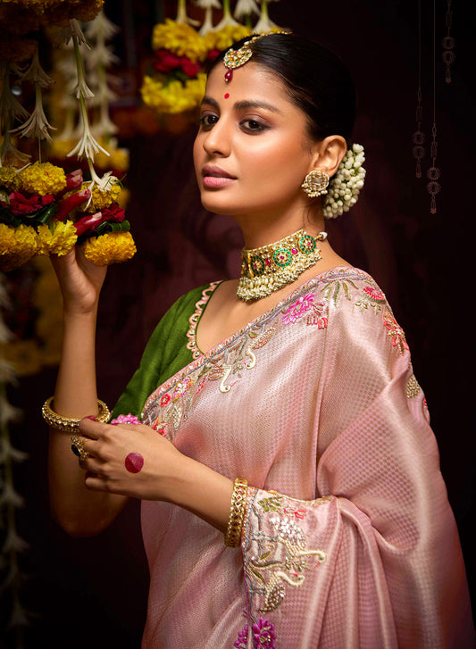 Dusty Rose Banarasi Zari Woven Prasang Wedding Saree