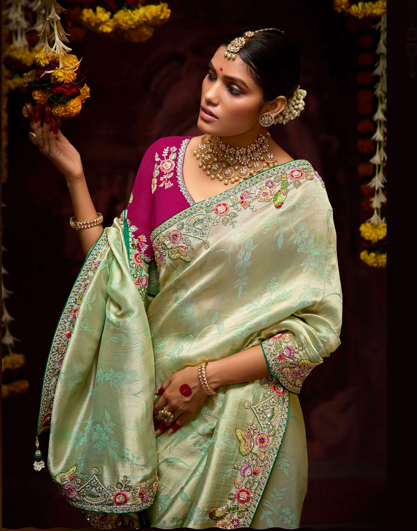 Sage Green Banarasi Zari Woven Prasang Wedding Saree