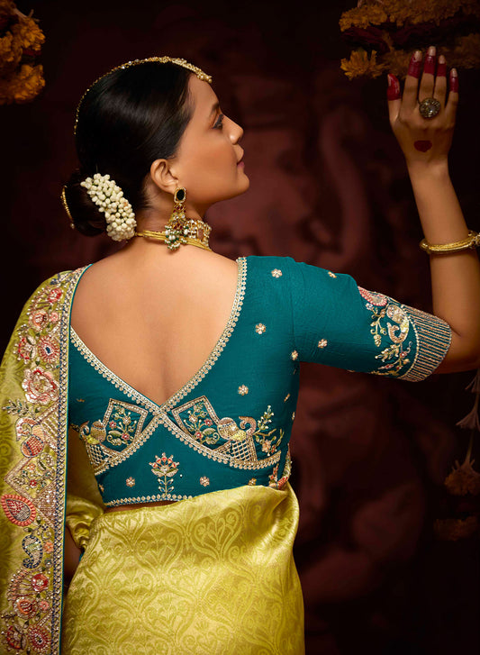 Lemon Yellow Banarasi Zari Woven Prasang Wedding Saree