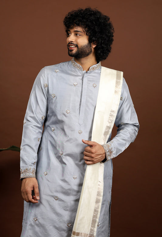 Kanjivaram Grey hand embroidered elegance pattu kurta set