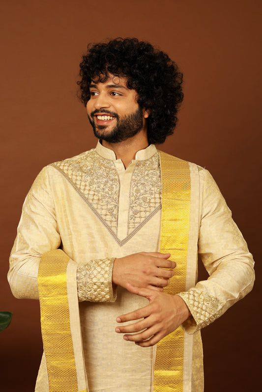 Kanjivaram Gold textured Tissue embroidered pattu opulence kurta set
