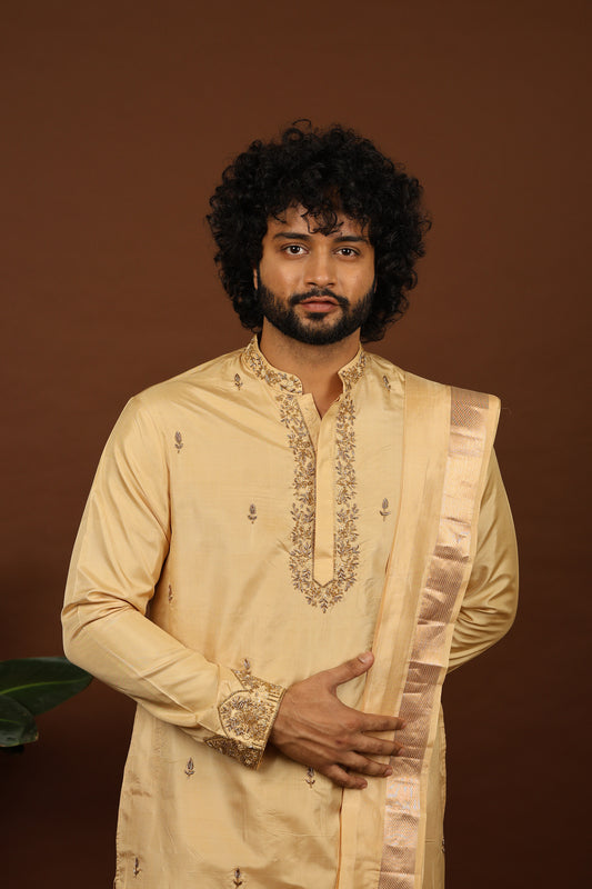 Kanjivaram Rose gold hand emboirdered Pattu kurta set