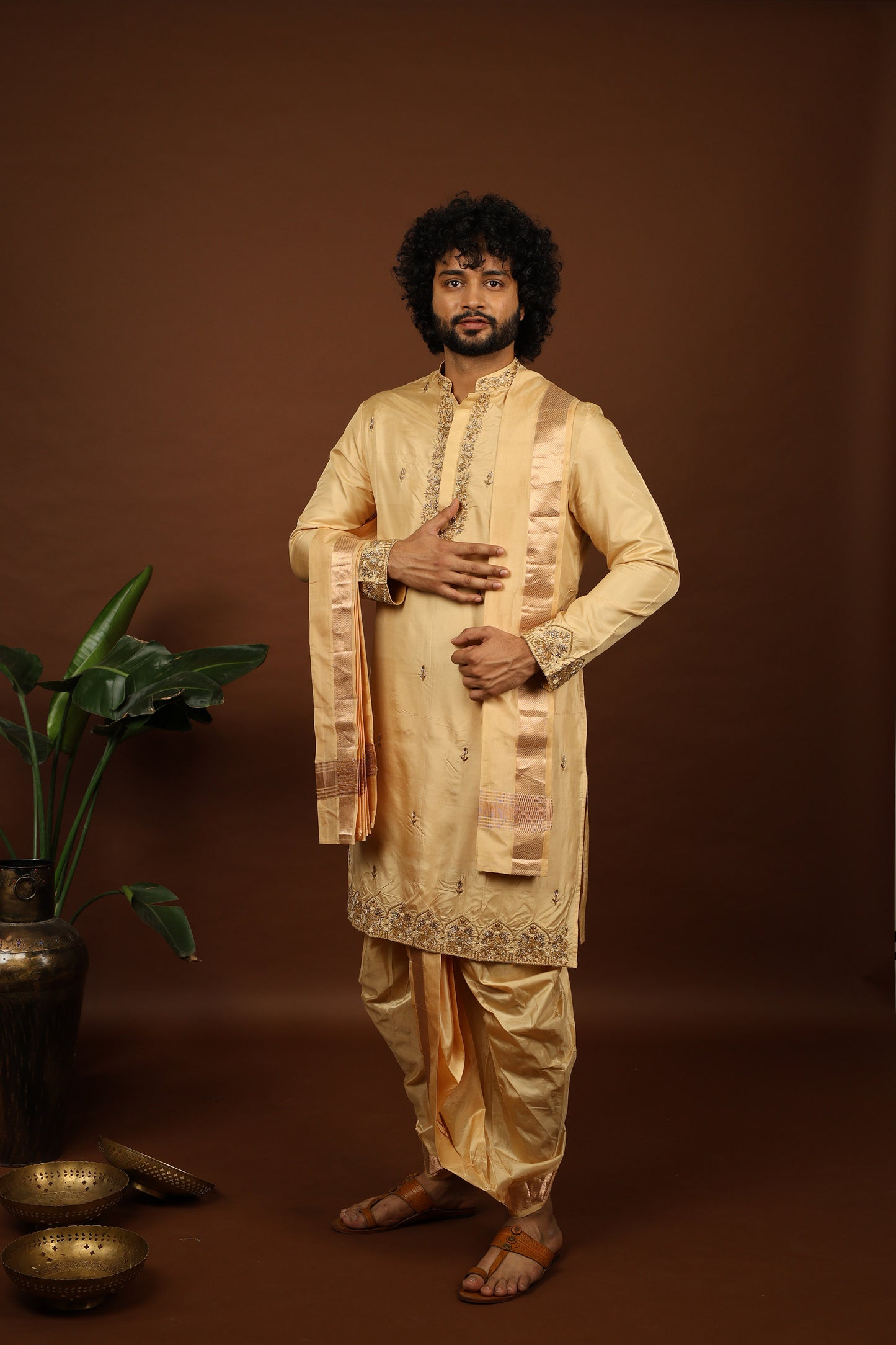 Kanjivaram Rose gold hand emboirdered Pattu kurta set