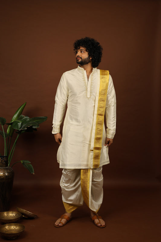 Off white machine embroidered grandeur Pattu kurta set