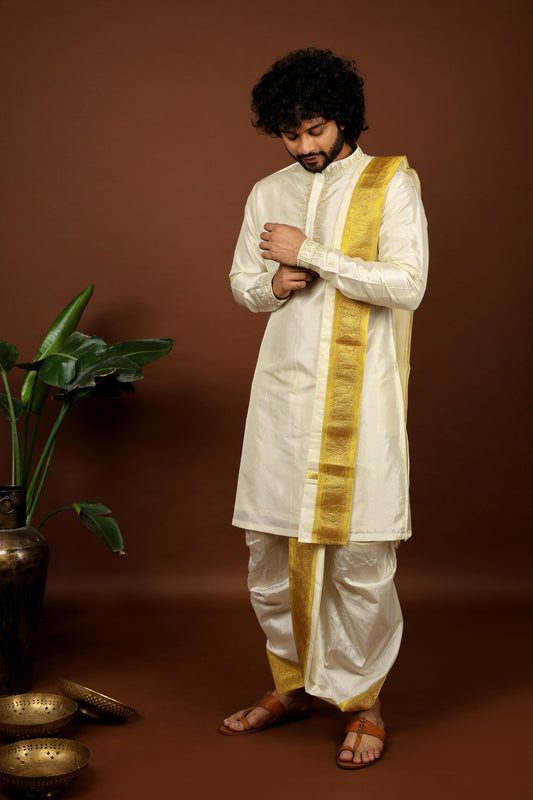 Kanjivaram off white hand emboirdered Pattu kurta set