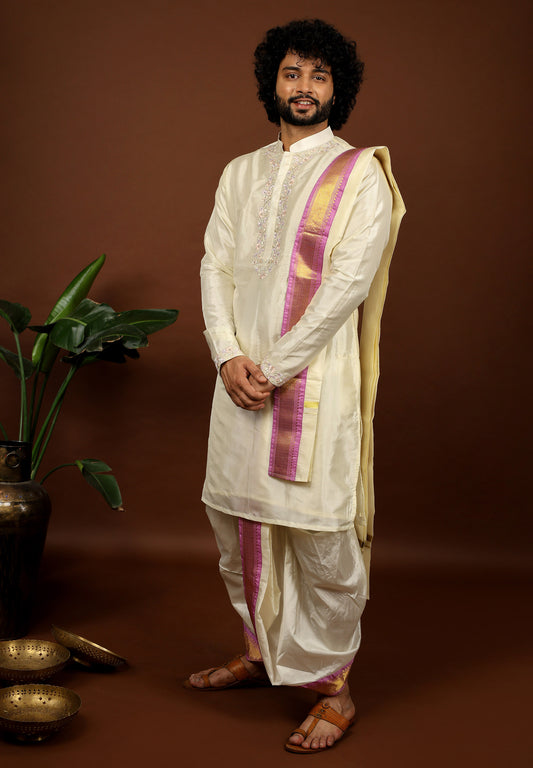 Off white machine embroidered majestic Pattu kurta set