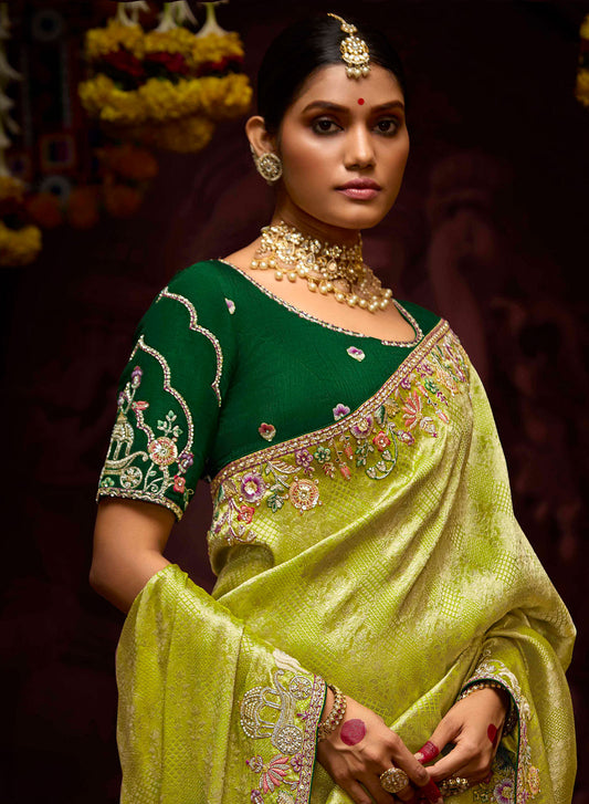 Lime Green Banarasi Zari Woven Prasang Wedding Saree