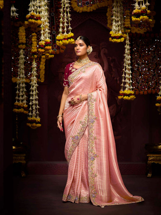 Light Peach Banarasi Zari Woven Prasang Wedding Saree