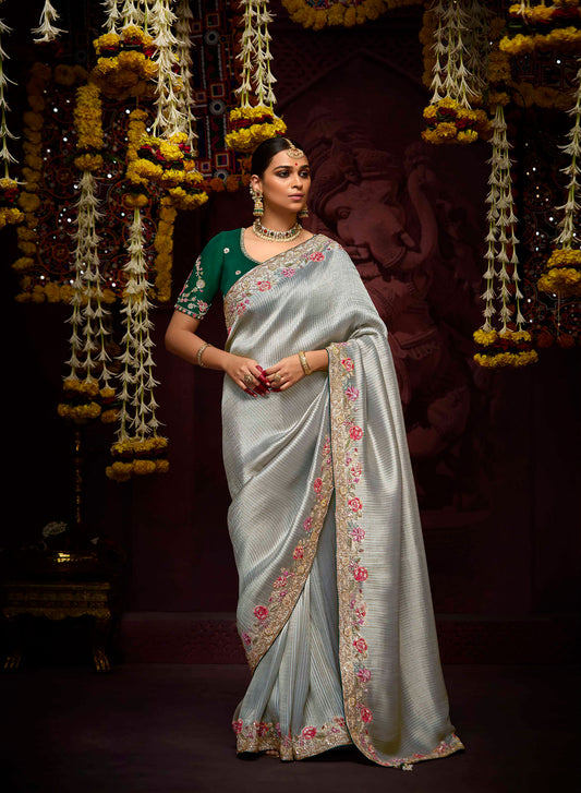 Silver Grey Banarasi Zari Woven Prasang Wedding Saree