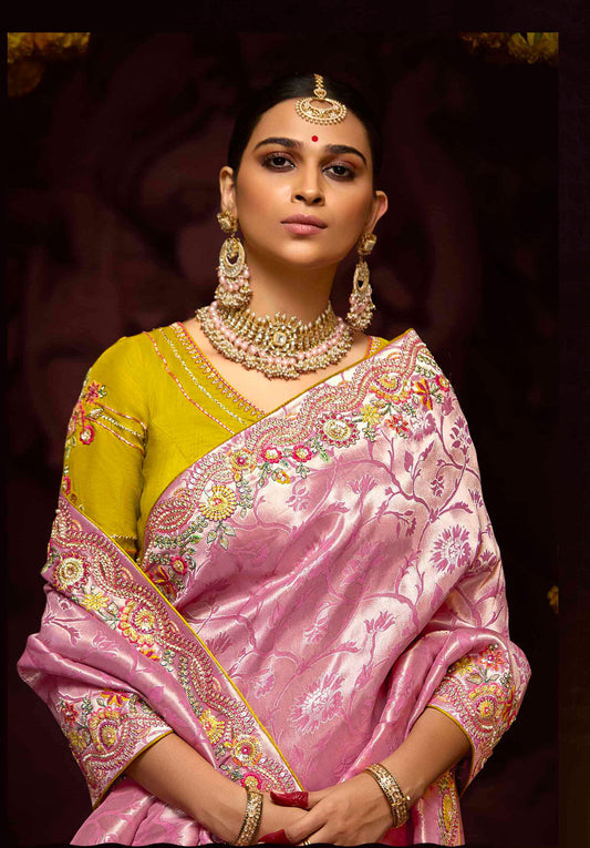 Pink Banarasi Zari Woven Prasang Wedding Saree