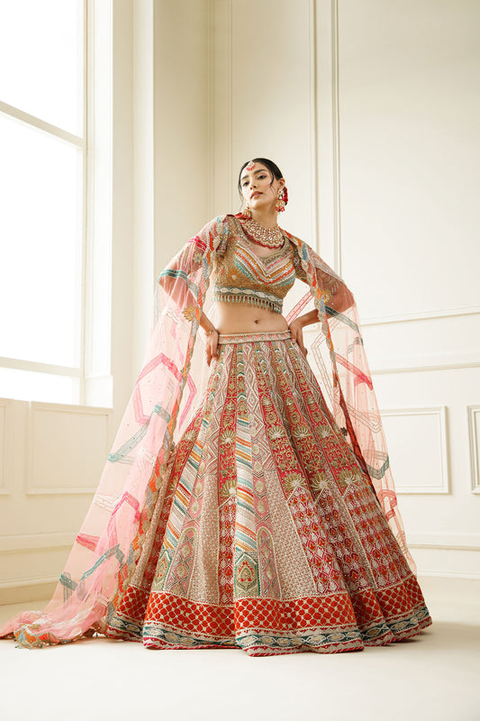 Multi Color Gota Patti Embroidery Organza Bridal Lehenga