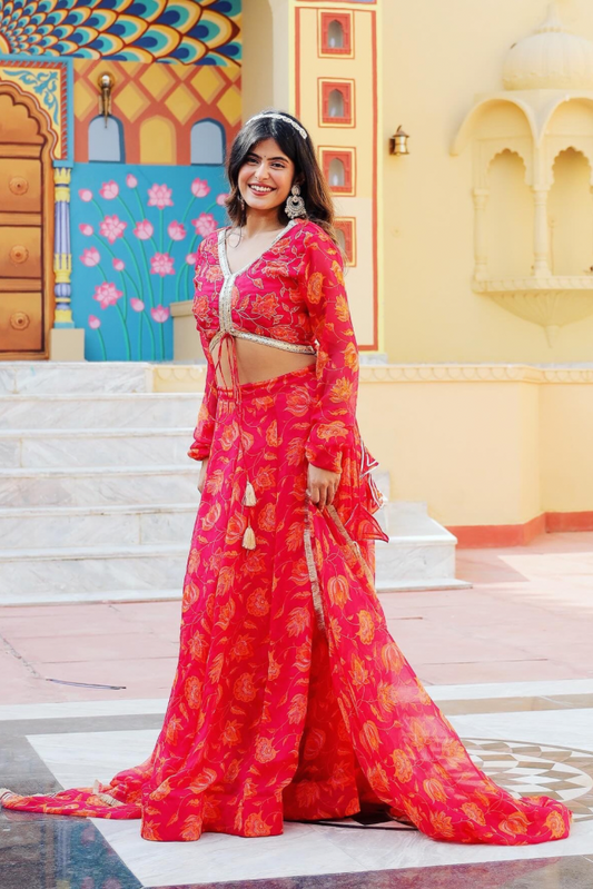Mannat Red Chiffon Floral Print Lehenga Set