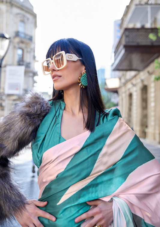 Green Beige Klora Satin Crepe Digital Print Saree