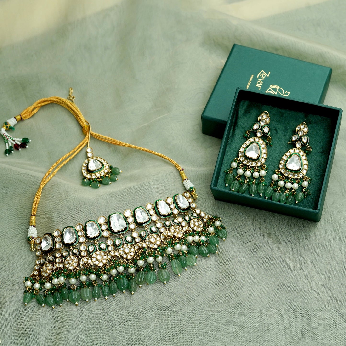Pastel Green Rajasi Kundan Choker Set with Earrings and Mangtika