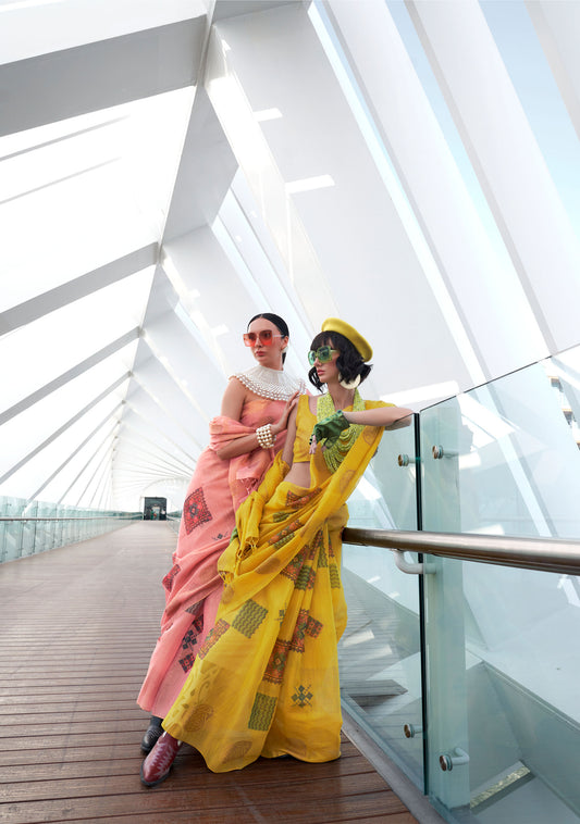 Yellow Kroma Zari Tissue handwoven Printed Silk Saree