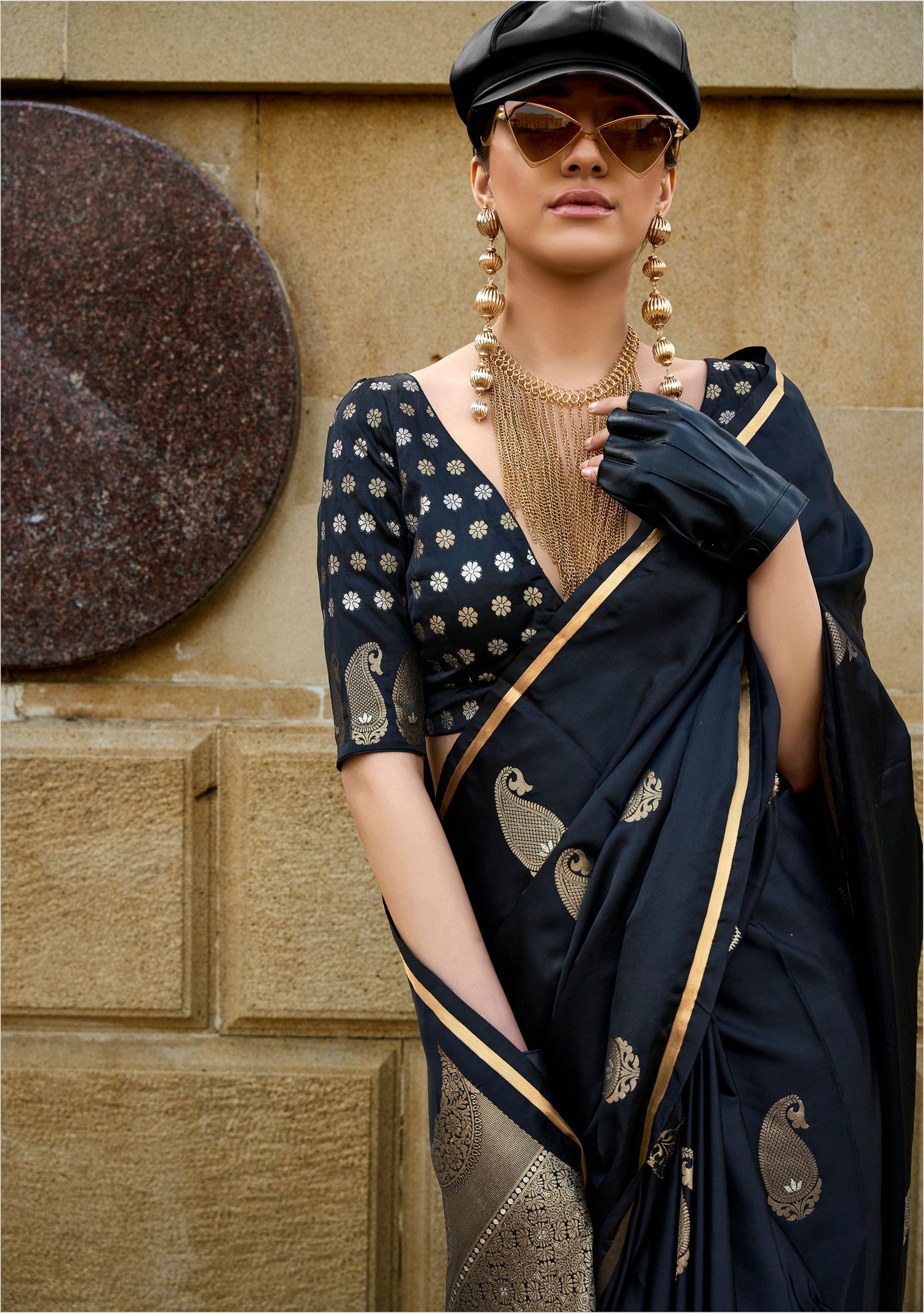 Black Kanthkala Pure Satin Handloom Silk Saree