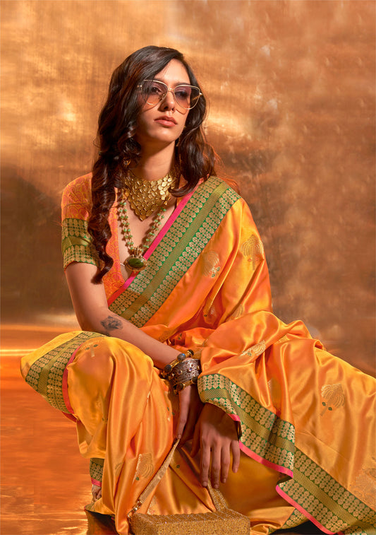 Yellow Ksattika Pure Satin Handloom Silk Saree
