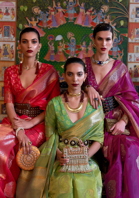 Lime Green Kabinni Organza Two Tone Handloom Saree