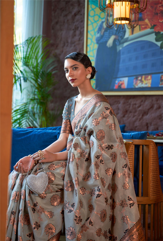 Light Grey and Blue Kadvika Silk Shimmer Copper woven Saree