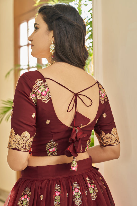 Maroon Organza Zari and Sequins Embroidery Lehenga