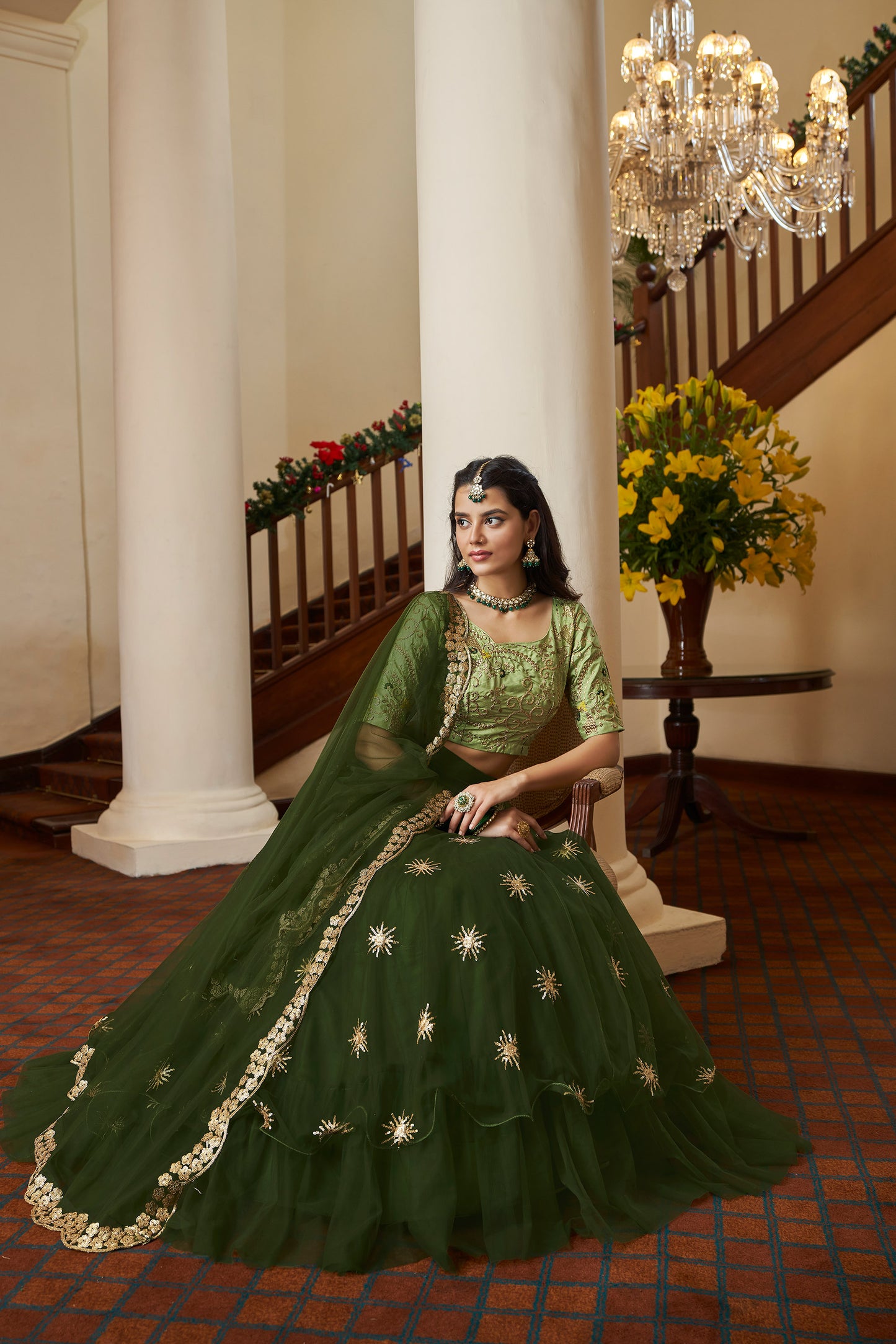 Green Butterfly Net Sequins Embroidery Mehendi Lehenga