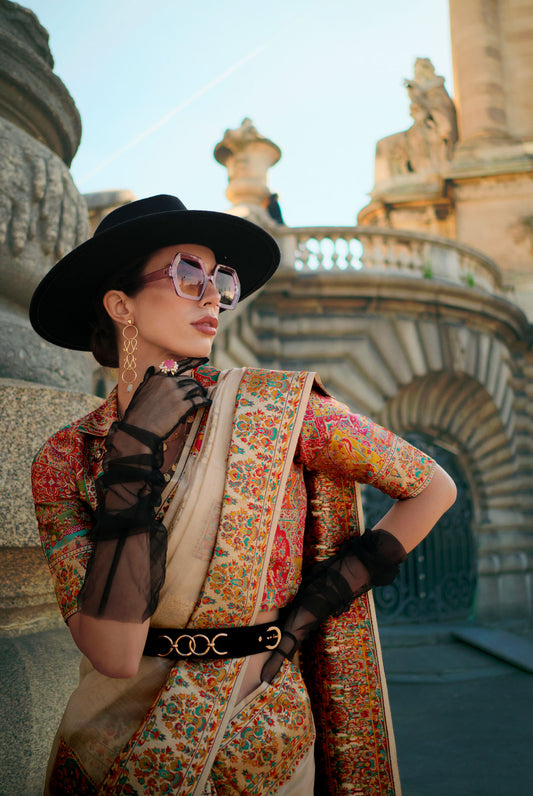 Beige Khadija Kashmiri Handoom Silk Saree