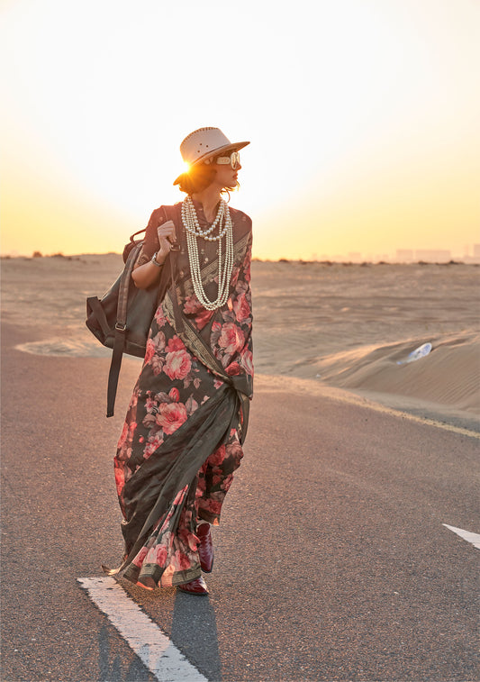 Brown Kikigai Printed Tussar Silk Saree