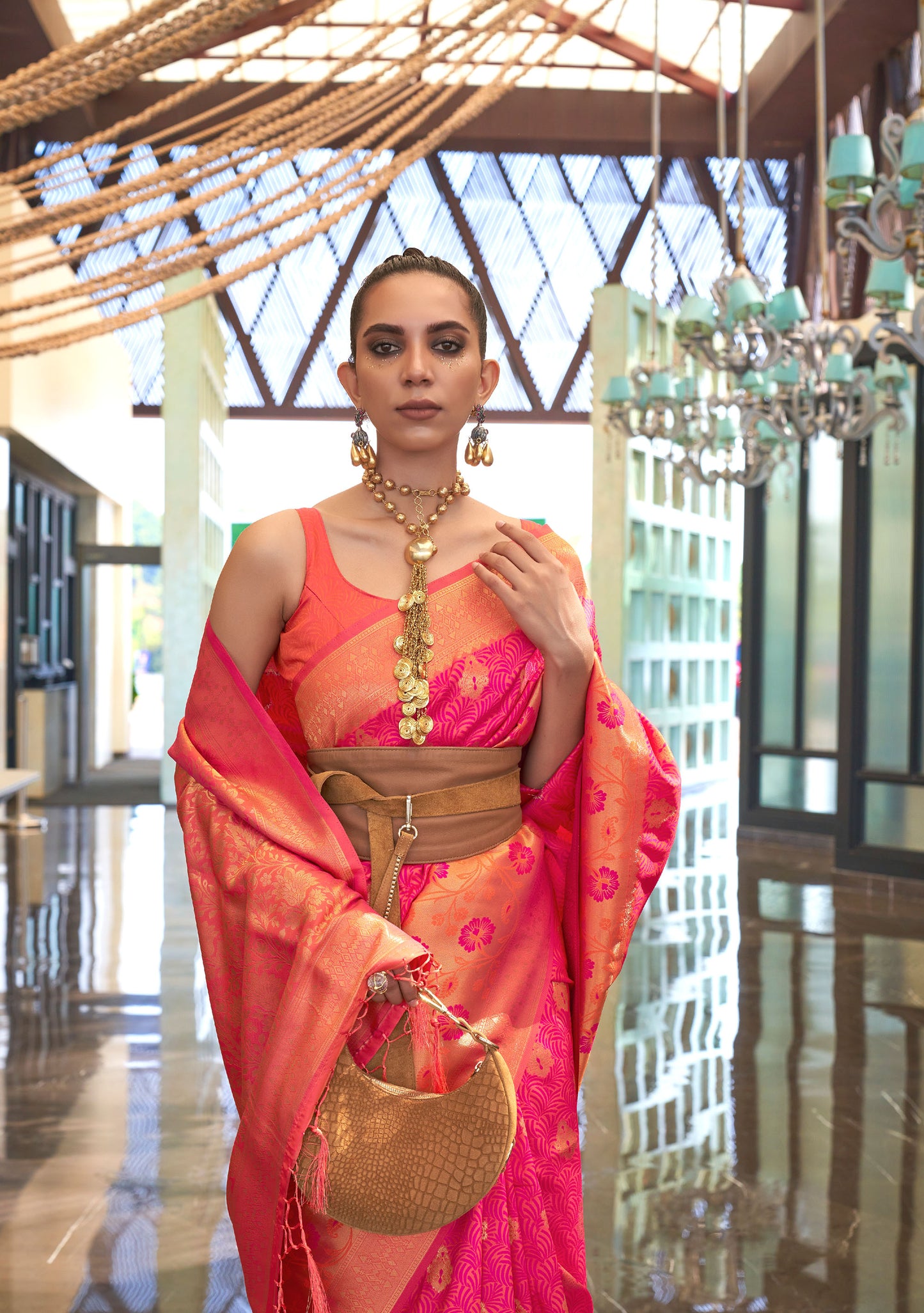 Orange Kalkaa Chaap Handloom silk Saree