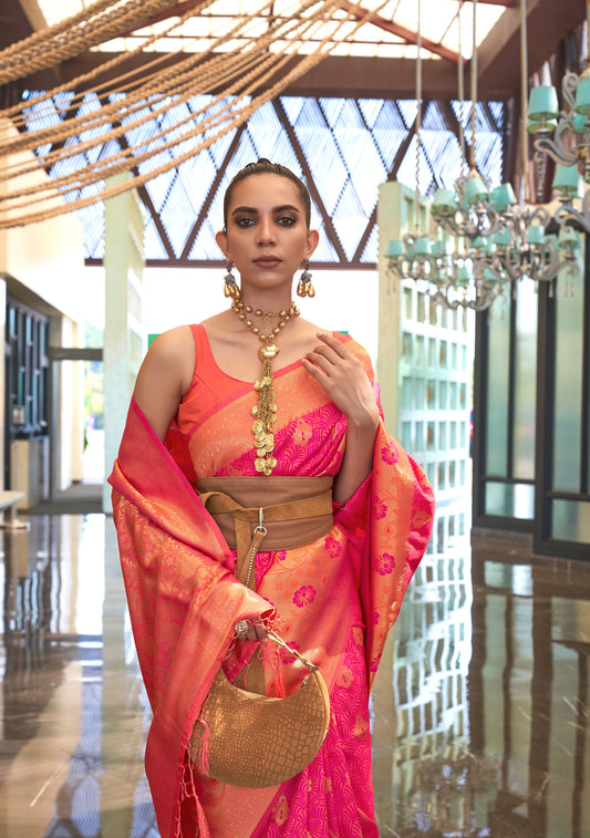 Orange Kalkaa Chaap Handloom silk Saree