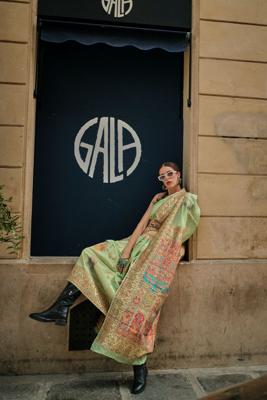 Mint Green Khadija Kashmiri Handoom Silk Saree