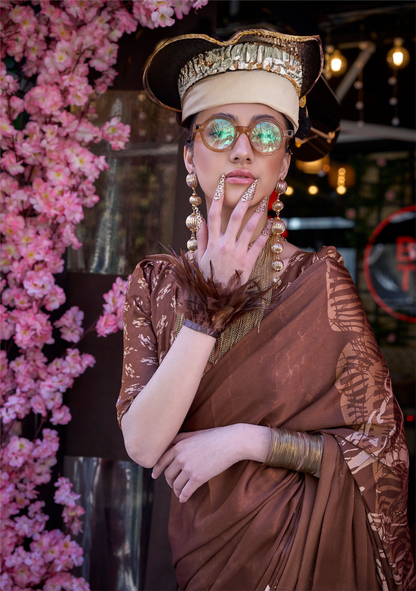 Brown Kazule Contemporary Satin Crepe Saree