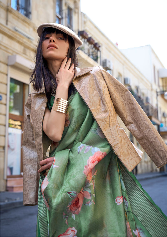 Green Klay Print Satin Organza Saree