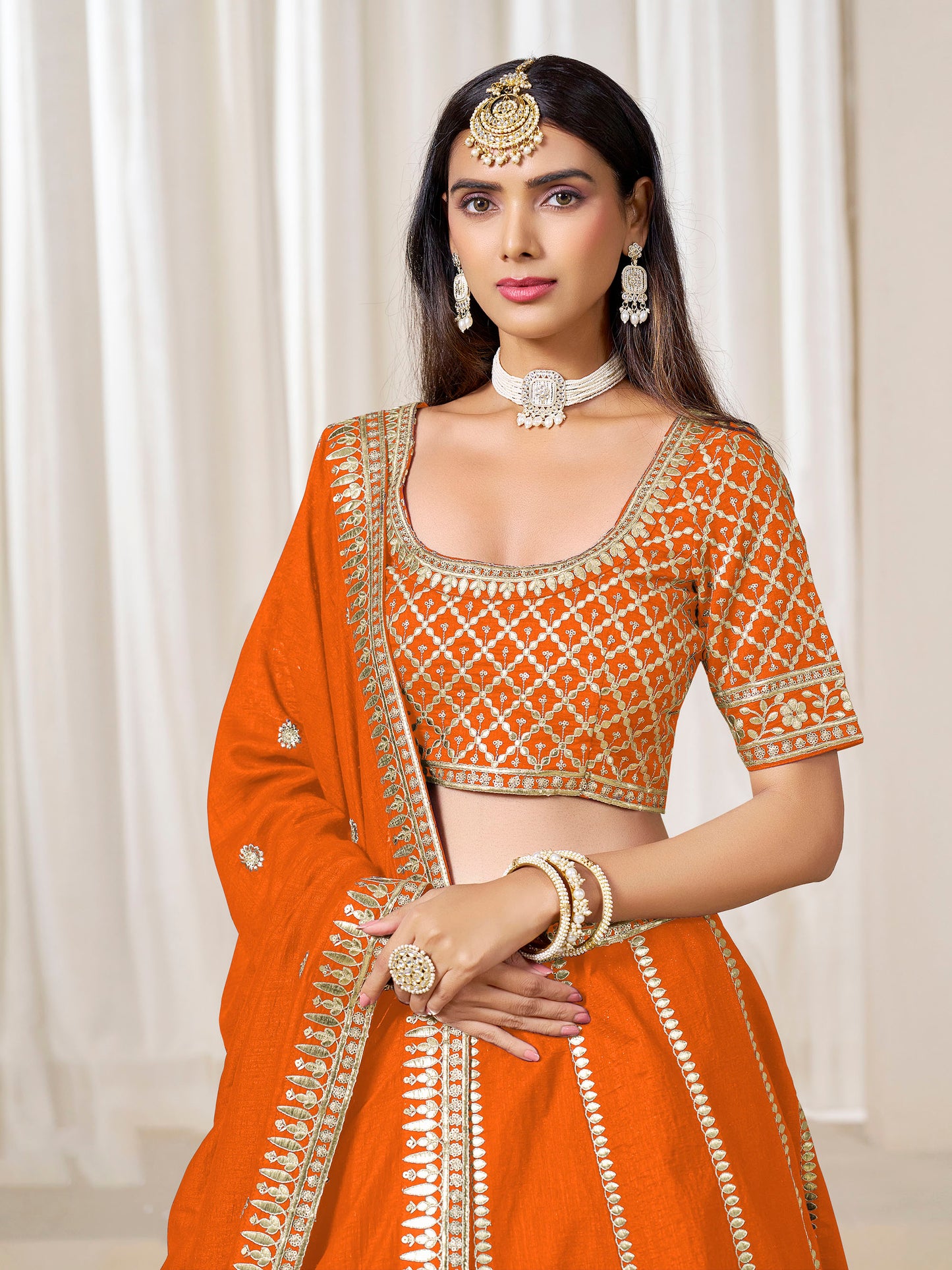 Orange Heavy Sequins Embroidered Art Silk Haldi Lehenga for Wedding Guest