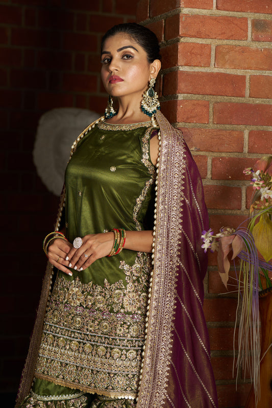 Mehendi & Purple Gharara Suit