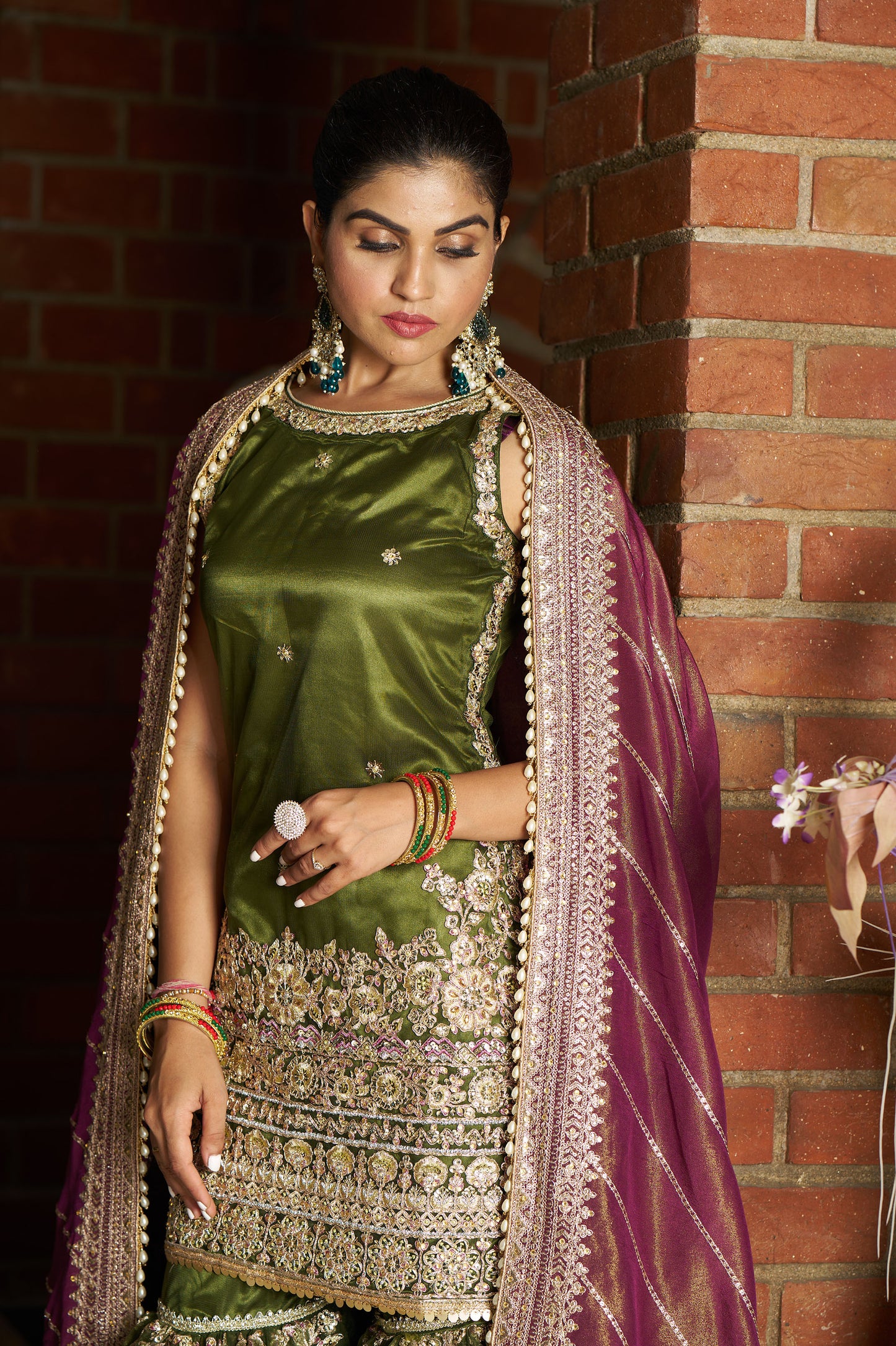 Mehendi & Purple Gharara Suit