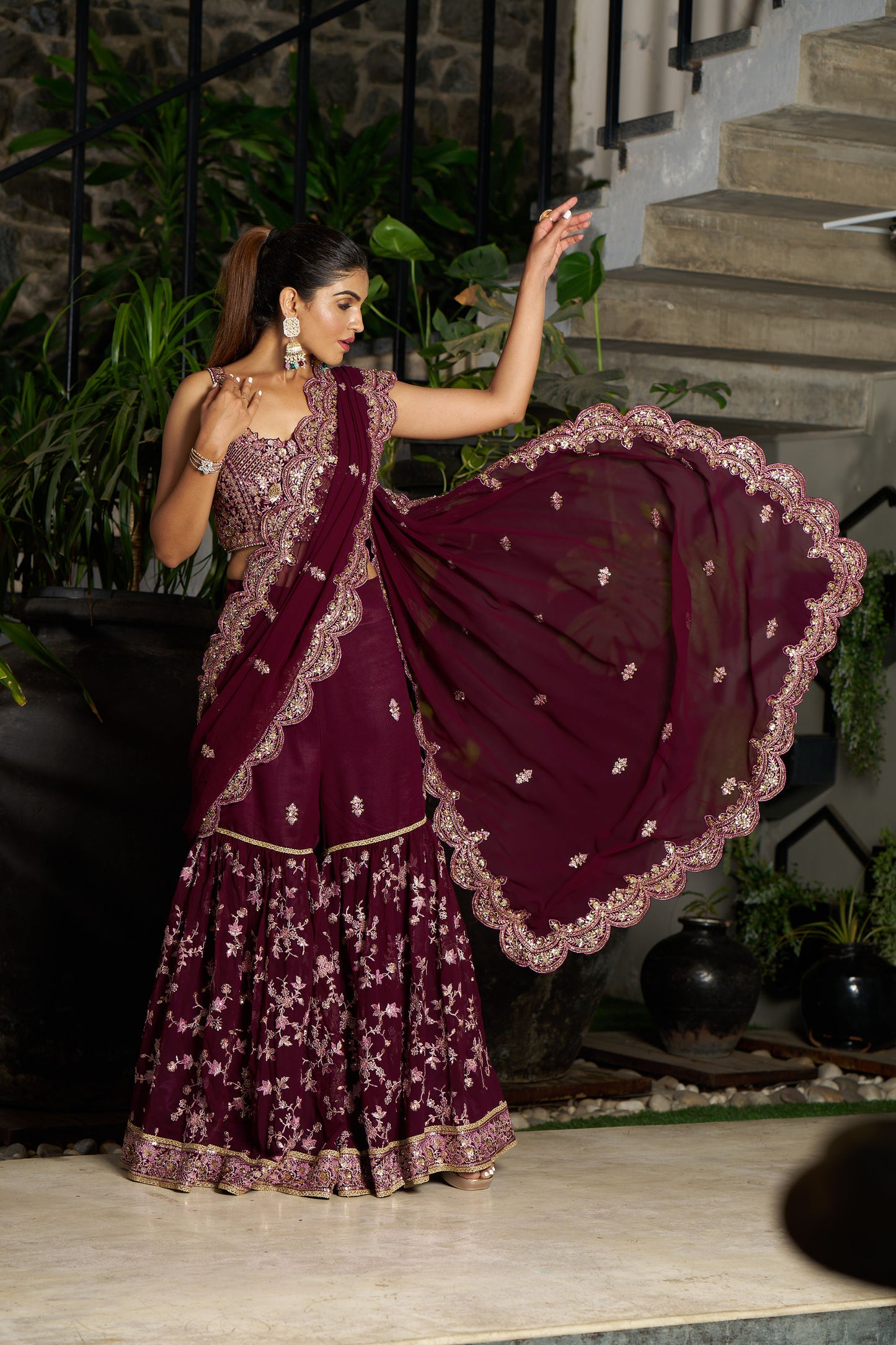 Wine Indo Western Eid Saree