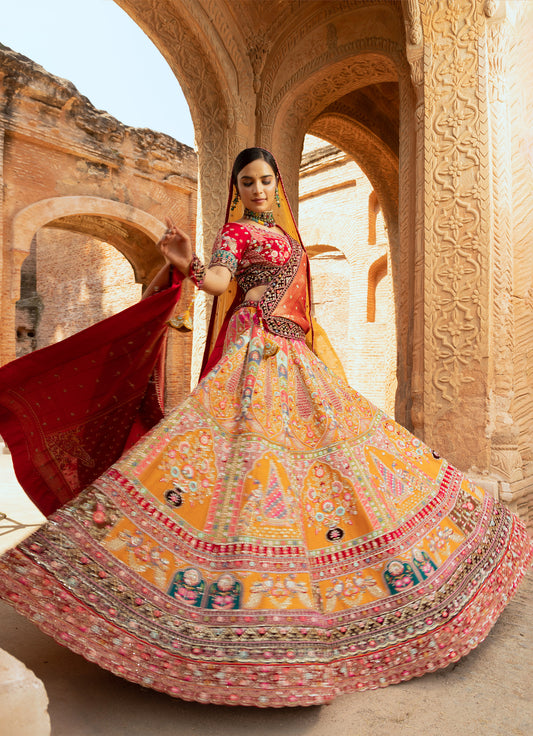 Yellow & Multi Coloured Zardozi Work Silk Bridal Lehenga