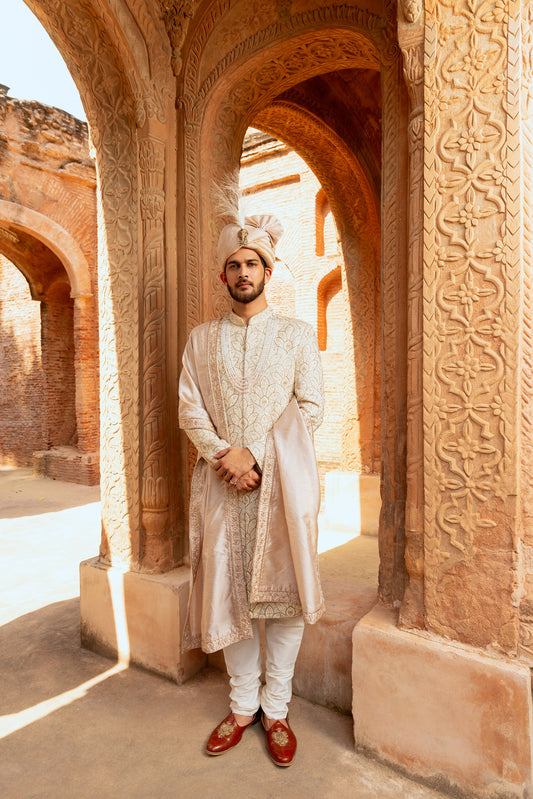 White Gold Zardozi Silk Groom Sherwani for Wedding