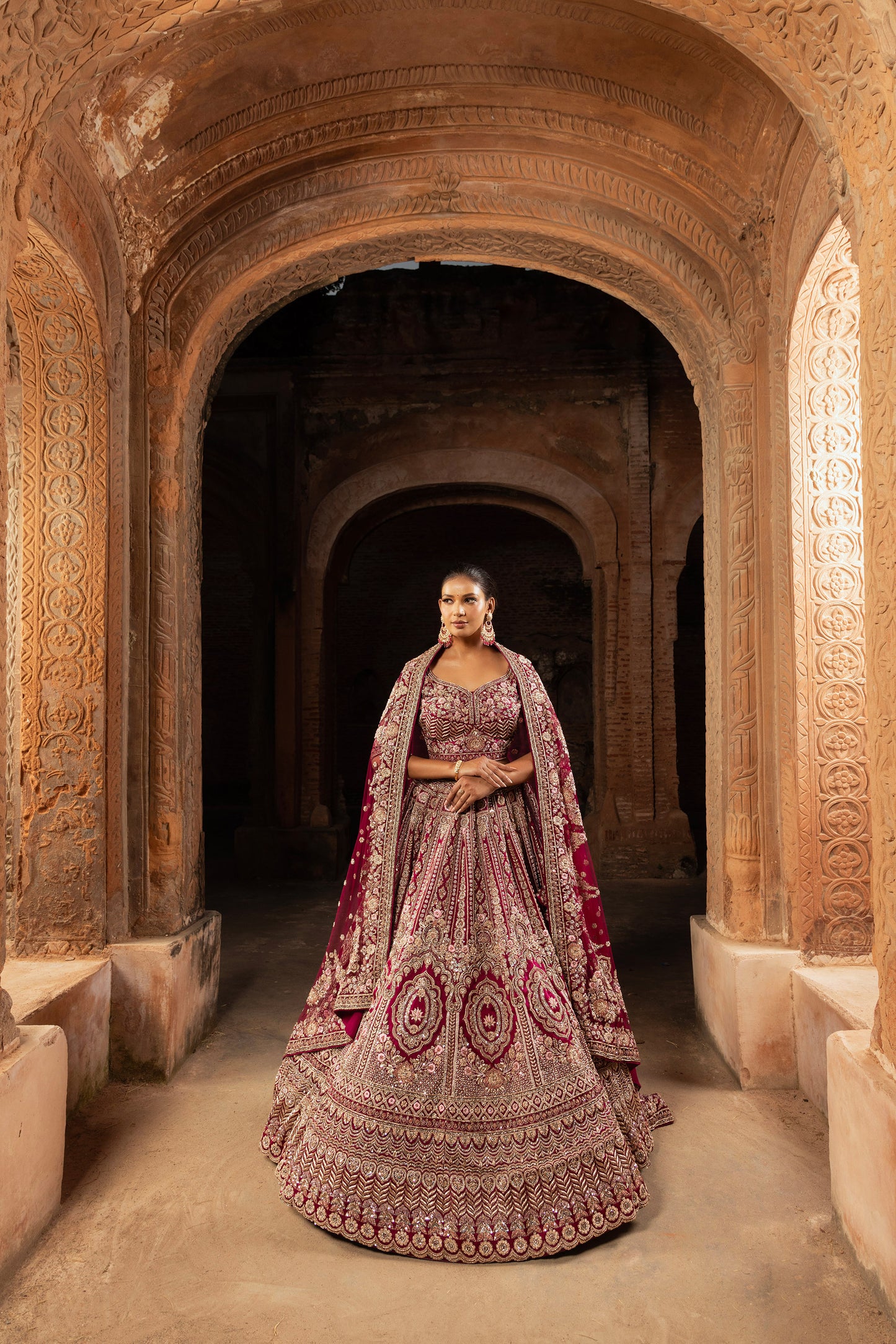 Wine Zardozi Embroidery Organza Bridal Lehenga